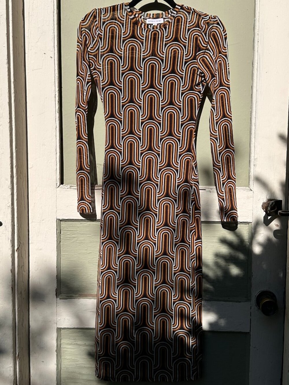 70s Retro Geometric Print Mesh Bodycon Midi Dress Size S Mid Century. EUC